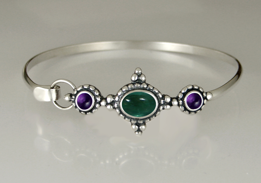 Sterling Silver Strap Latch Spring Hook Bangle Bracelet With Fluorite And Amethyst